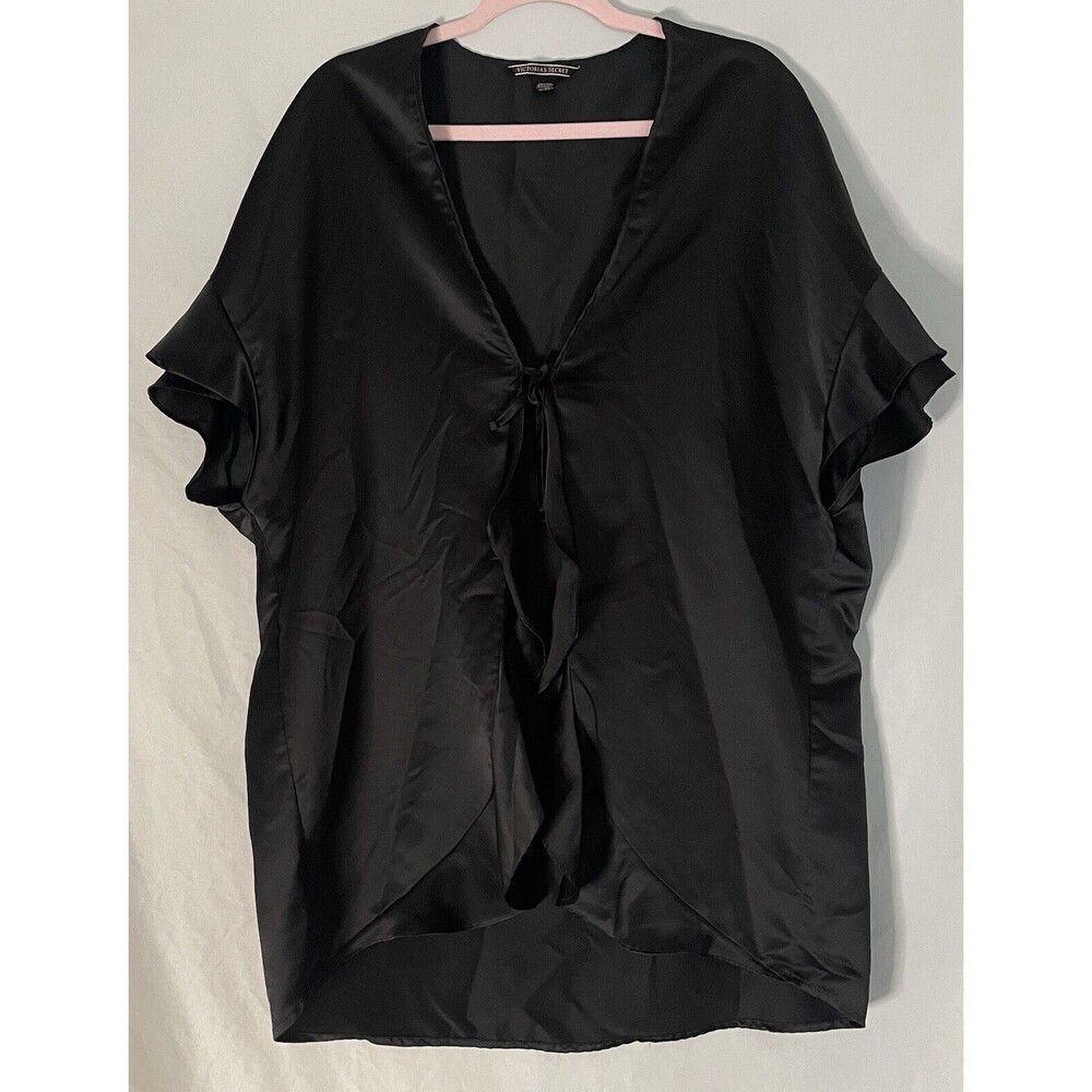 Victoria Secret Black Ruffled Satin Kimono Short Robe CoverUp One Size Black
